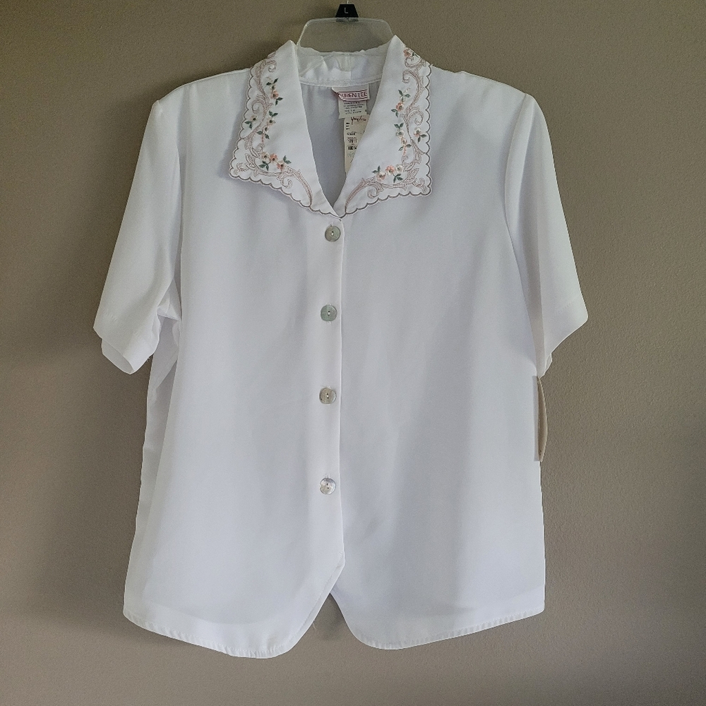 VINTAGE Lauren Lee button down short sleeve embroided blouse Sz 14